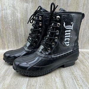 Juicy Couture Duck Rain Boots Womens‎ 6 Black Glitter Talos Lace-Up Ankle